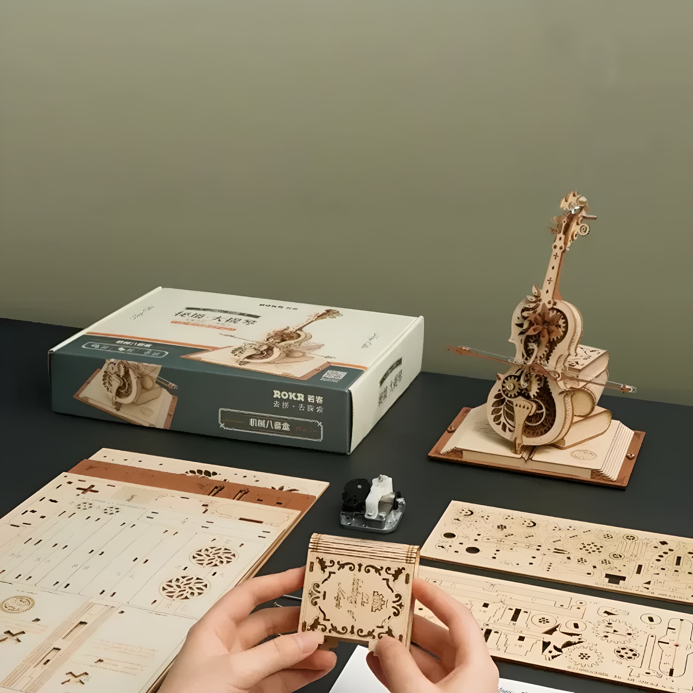Unassembled cello puzzle music box kit parts