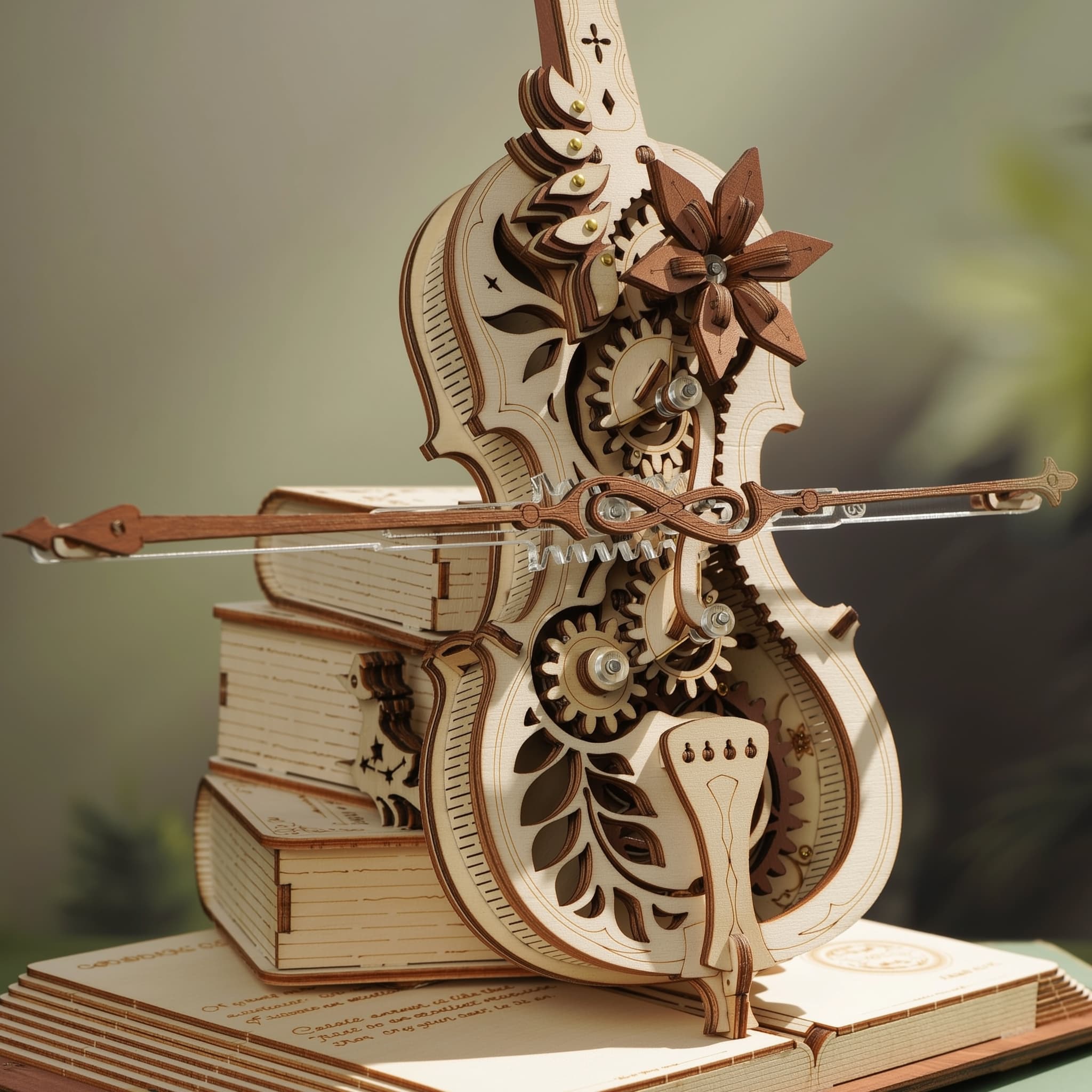 Close-up of carved cello wooden gears
