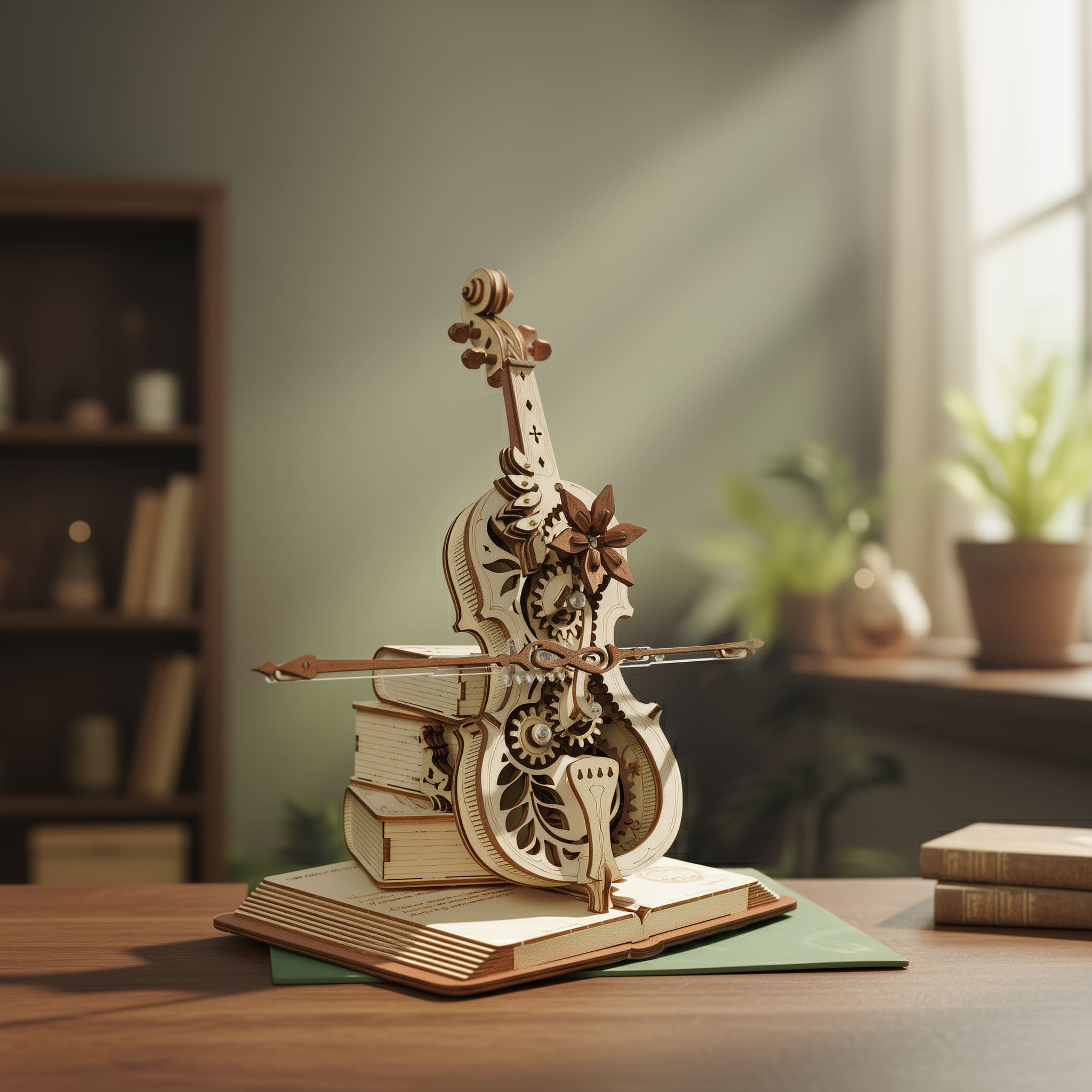 Wooden music box puzzle with cello and book base
