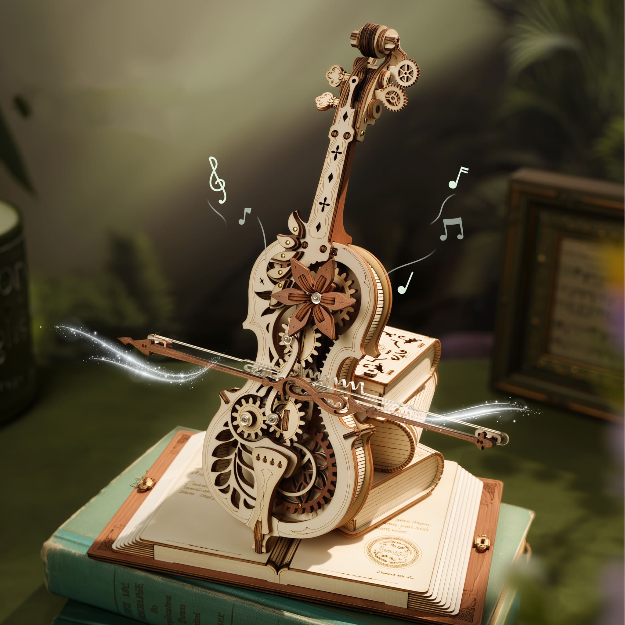 DIY cello puzzle music box with self-playing bow