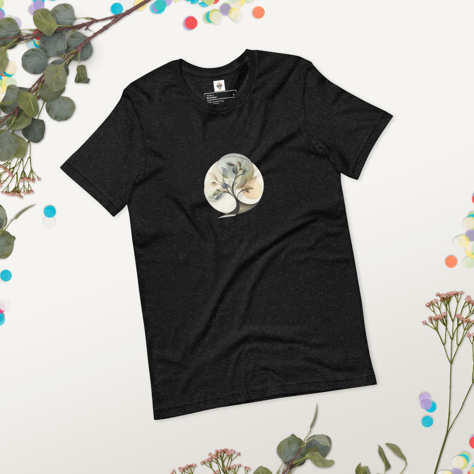 Essence of Nature - Elegant, stylized tree design with fluid curves and semi-transparent leaves in gentle earth-tone colors, set within a circular shape. Graphic printed on black-heather-colored Unisex Staple T-Shirt Bella + Canvas 3001