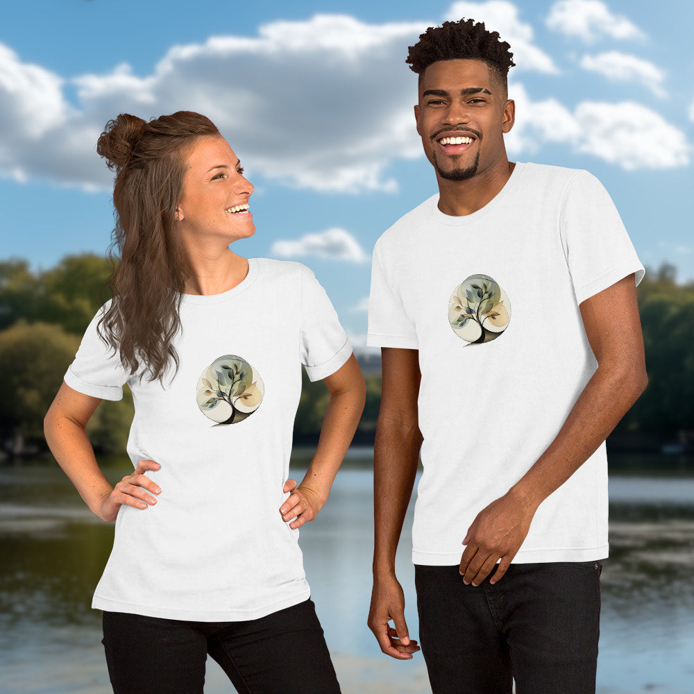 Essence of Nature - Elegant, stylized tree design with fluid curves and semi-transparent leaves in gentle earth-tone colors, set within a circular shape. Two Models with graphic printed on white-colored Unisex Staple T-Shirt Bella + Canvas 3001