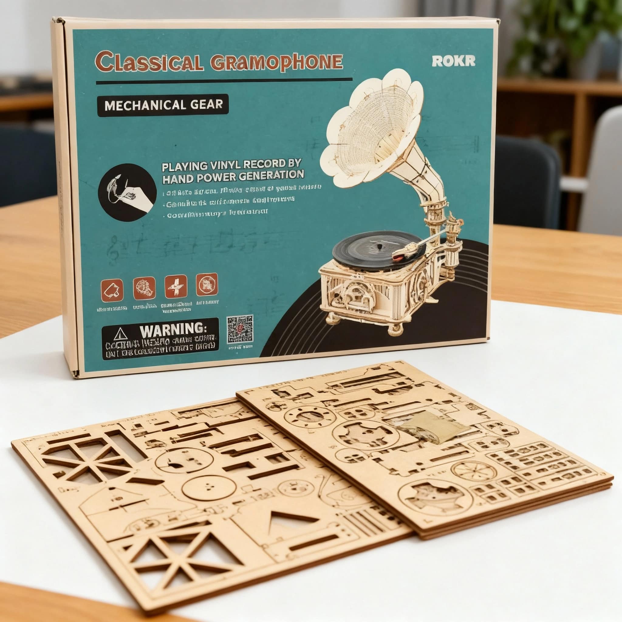 Unassembled wooden gramophone puzzle kit parts
