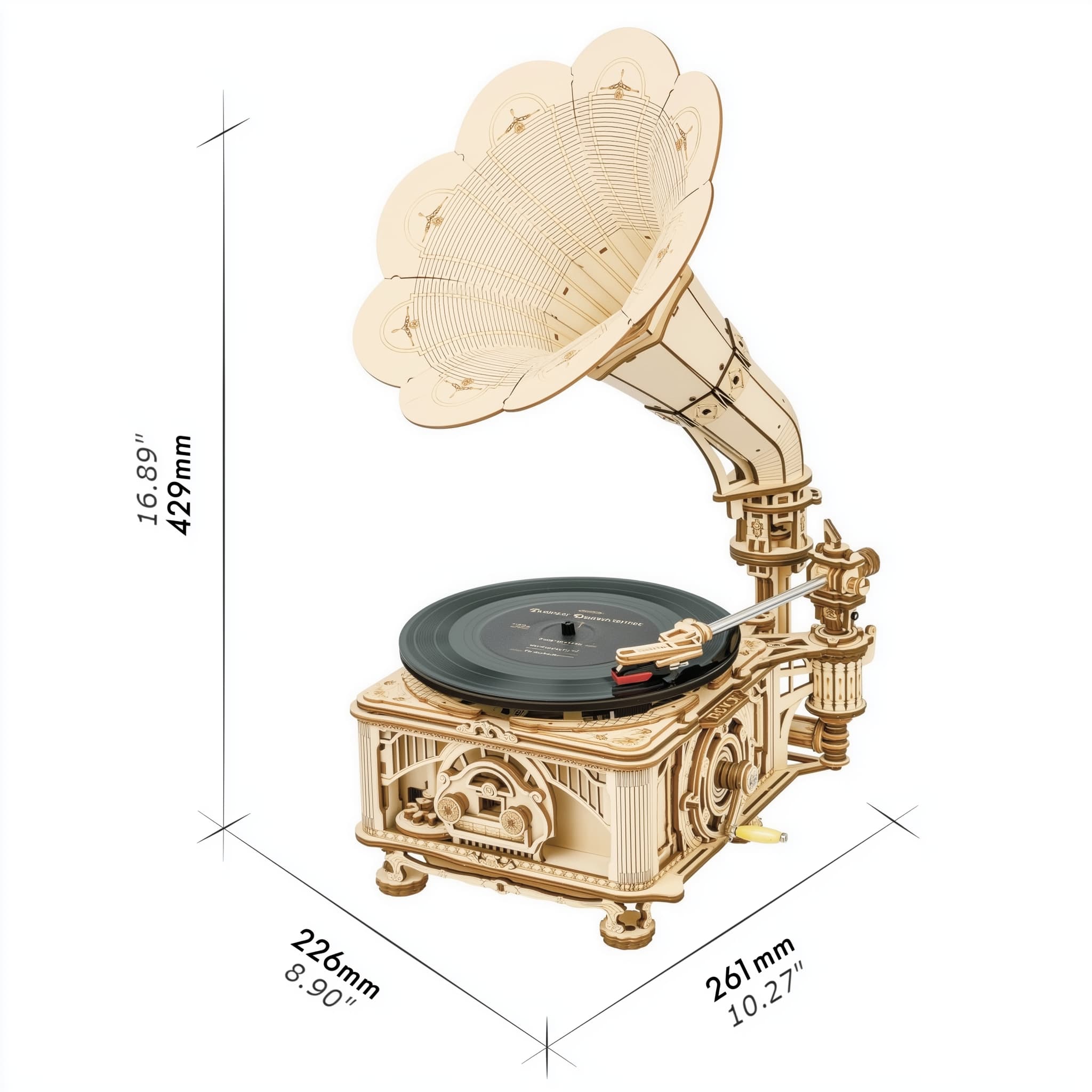 DIY gramophone puzzle with electric and hand-crank play
