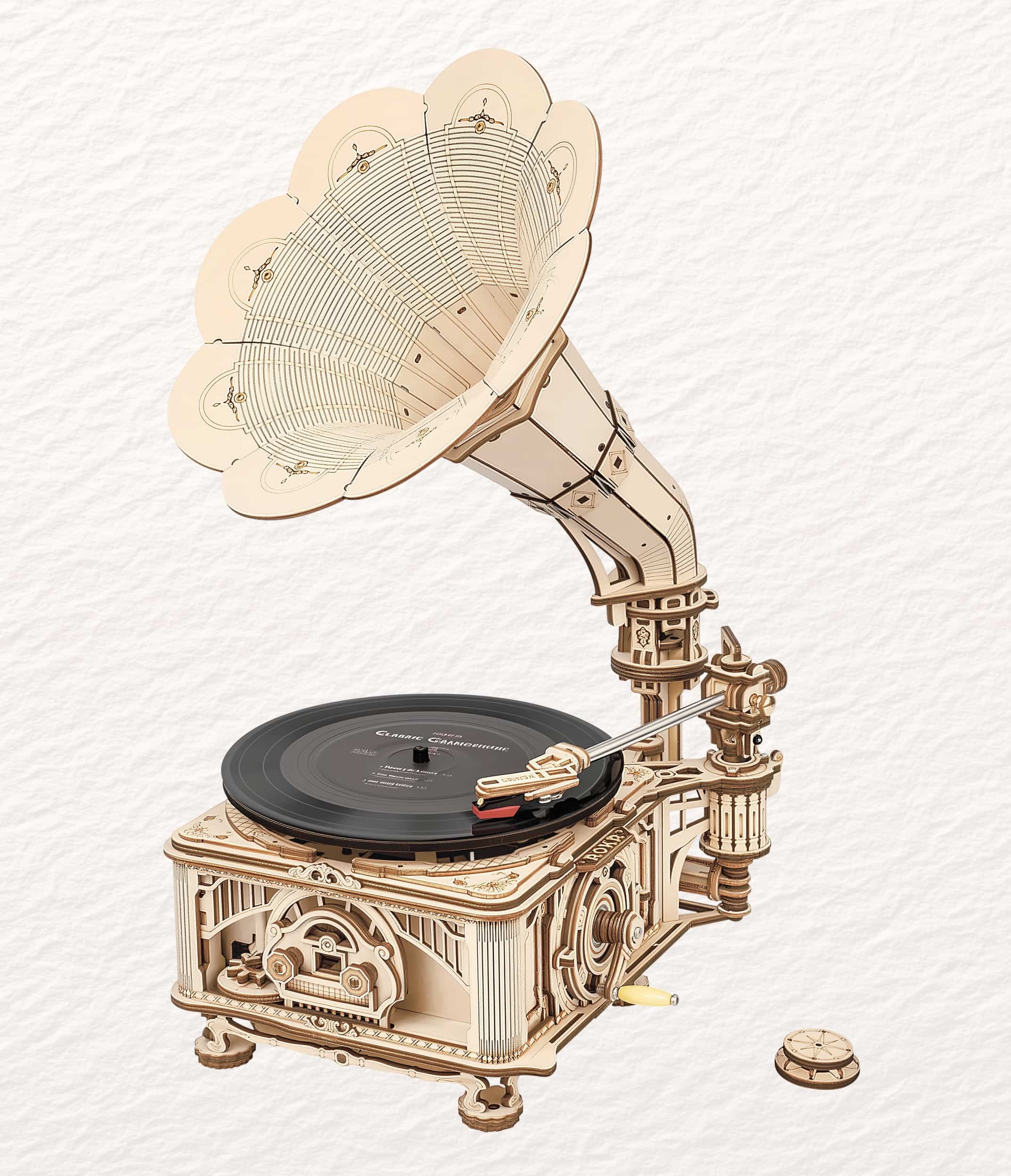 Close-up of carved wooden gramophone details