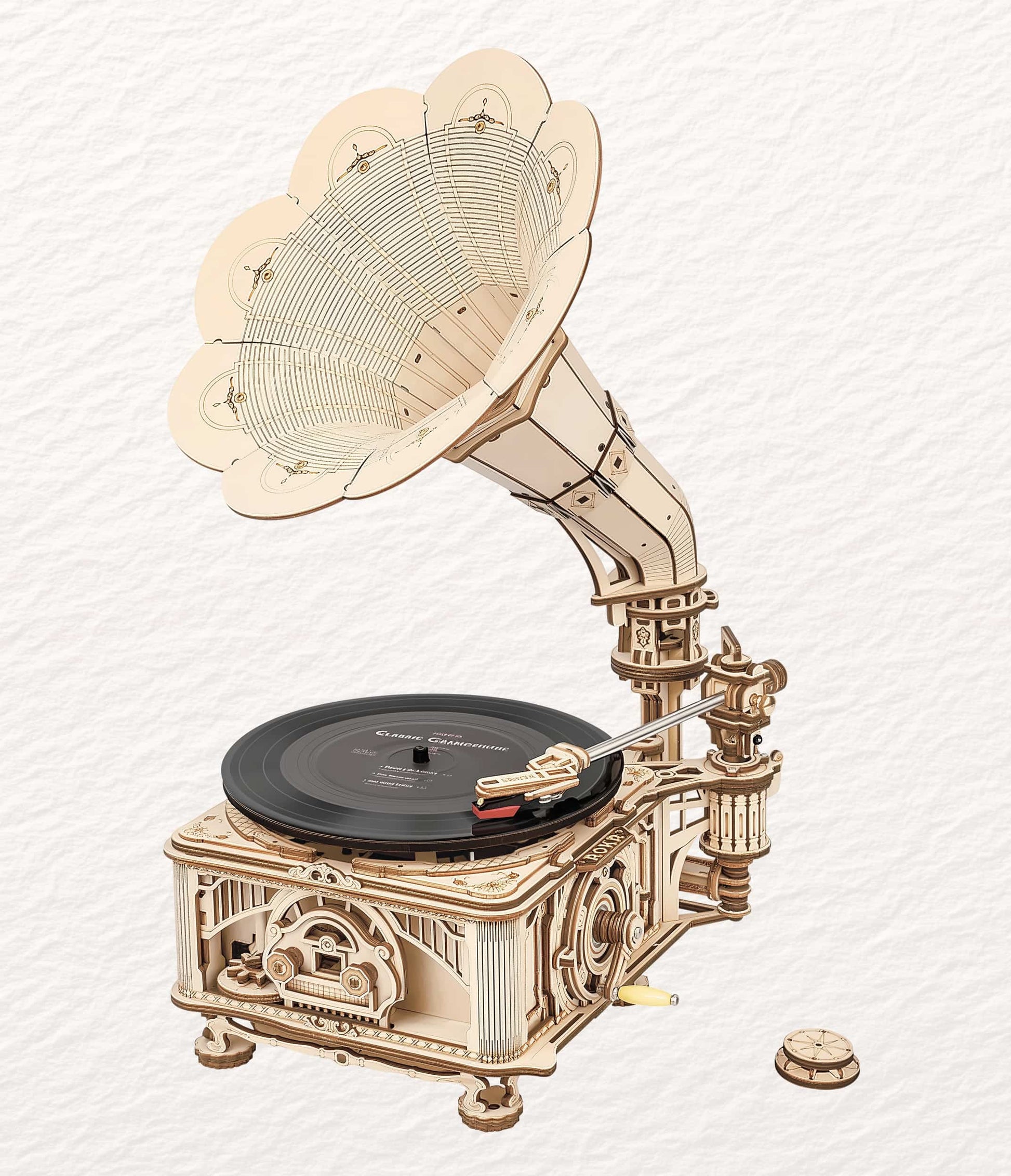 Close-up of carved wooden gramophone details