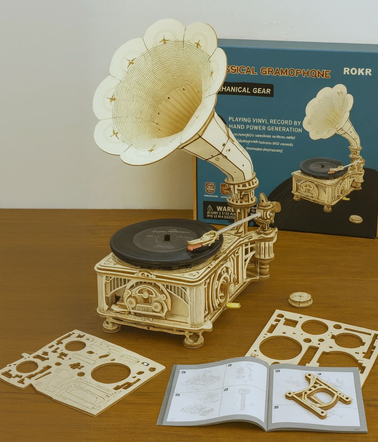 Assembled wooden gramophone with vinyl record