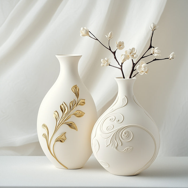 Home Decor collection featuring ceramic vases, lifelike artificial flowers, and stylish wall clocks.