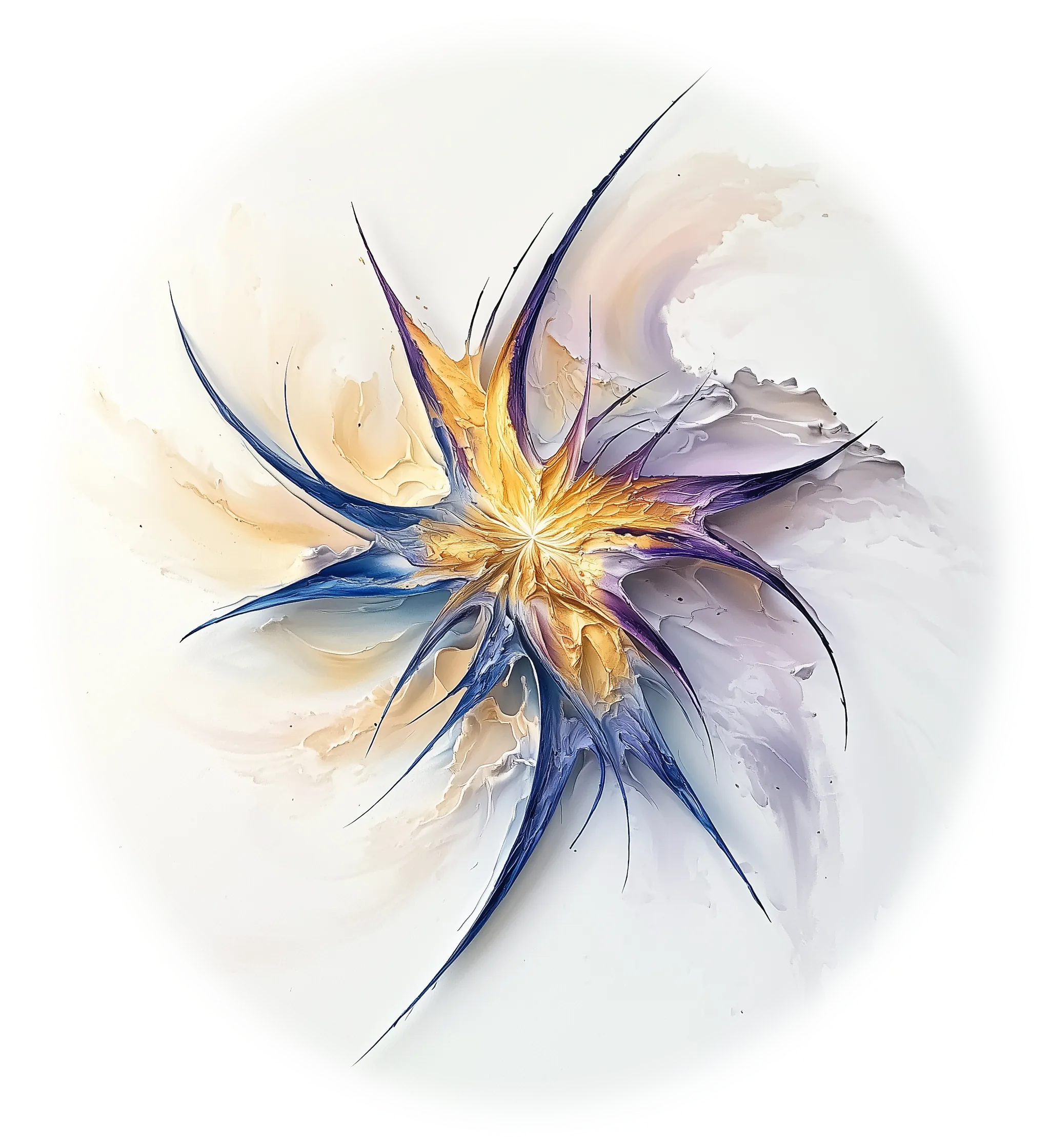 Abstract floral design in the shape of an explosion, in shades of blue gold and purple on a white background, a hyper-realistic oil painting. 