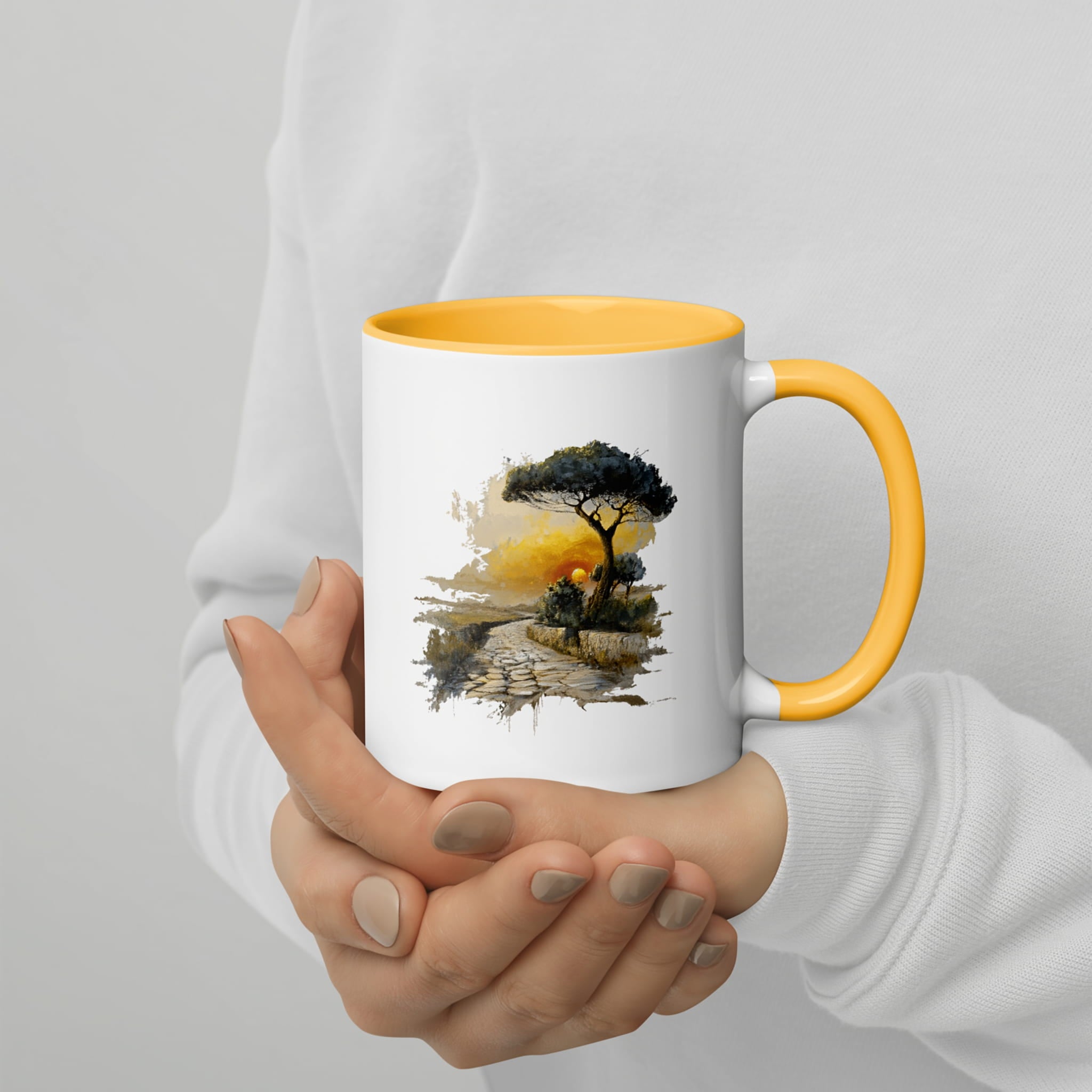 Artistic still life of the Sunset Path Mug with warm light