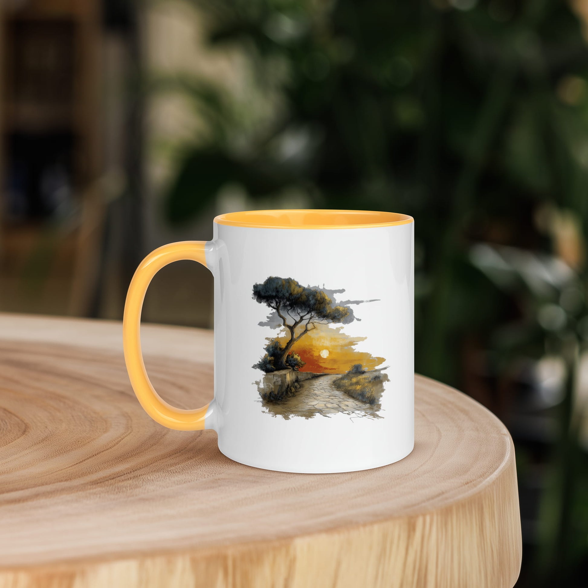 Sunset Path Mug with golden yellow rim and handle