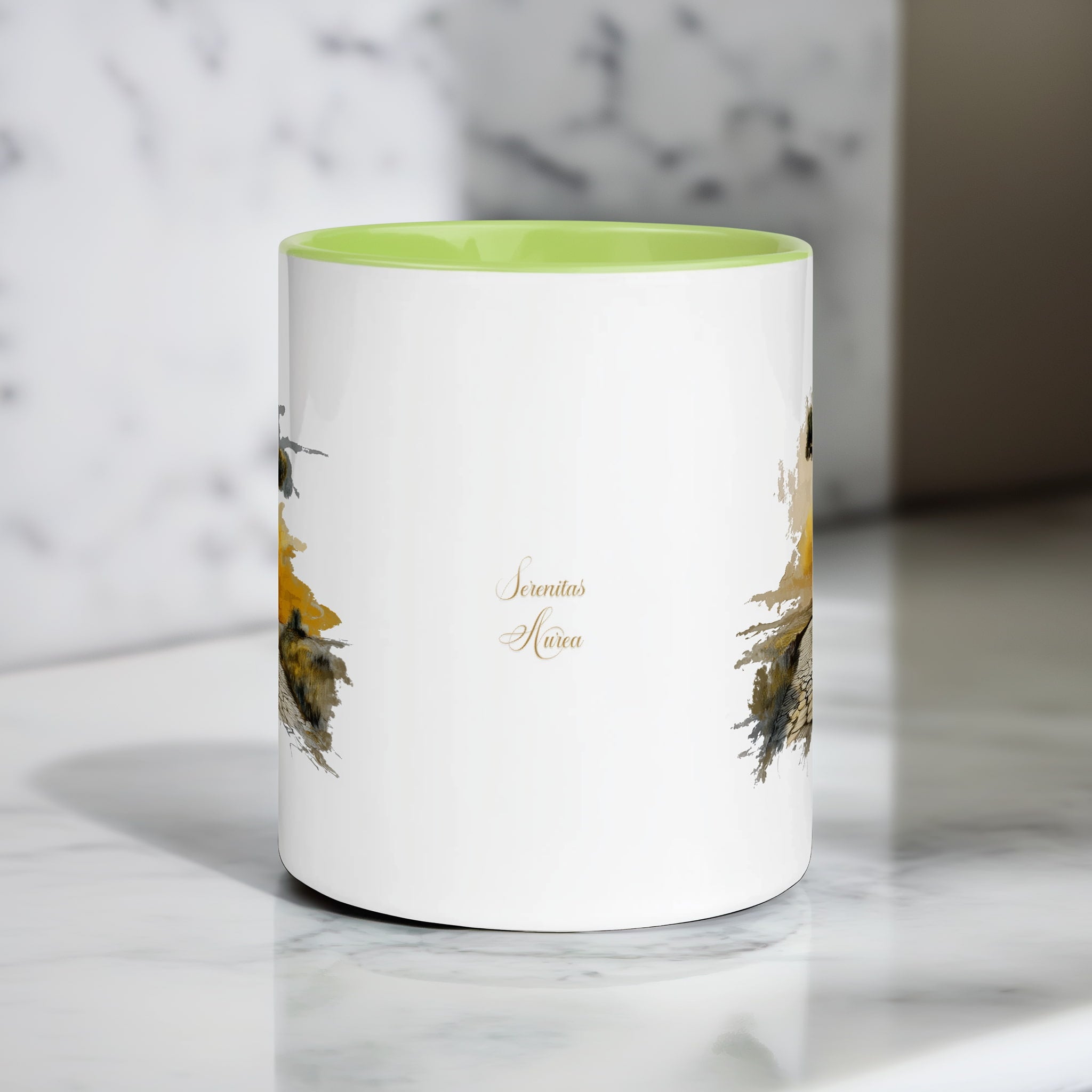 White mug with green interior on marble table