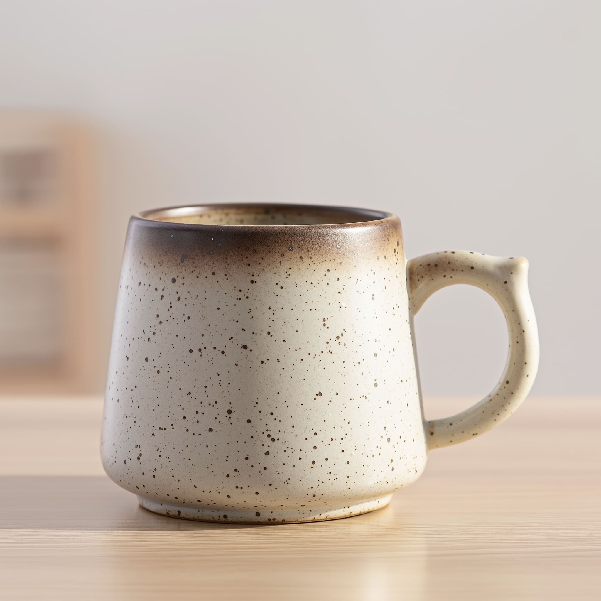 Retro ceramic mug in dark brown yellow on wooden table