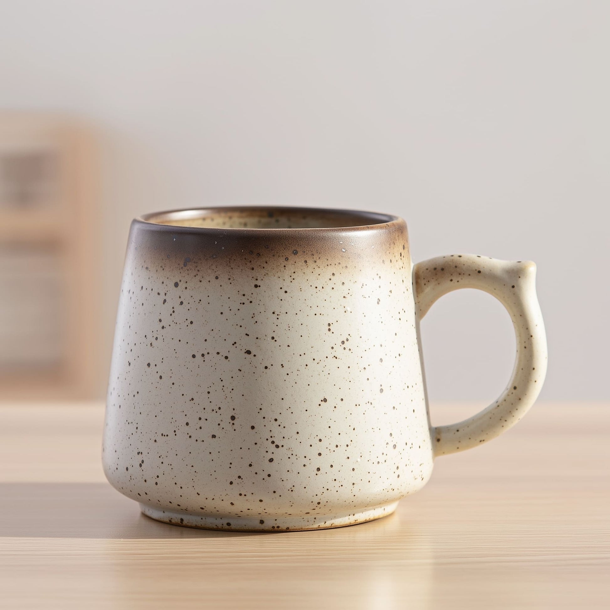 Retro ceramic mug in dark brown yellow on wooden table