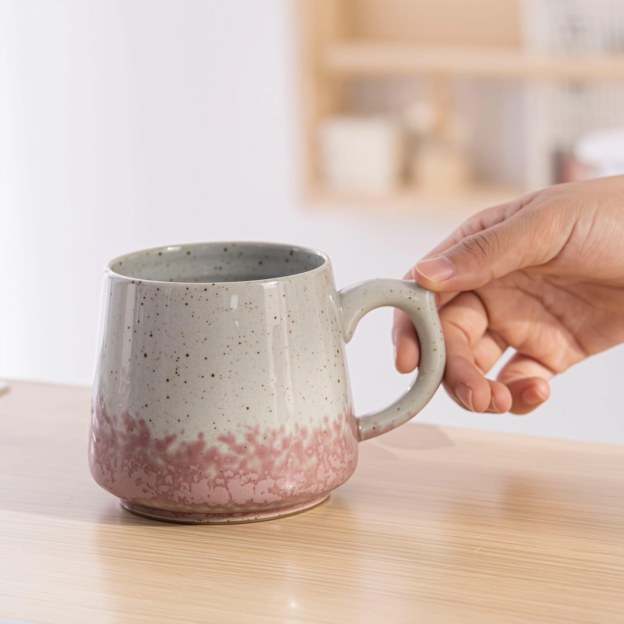 Cherry powder rice white ceramic mug with curved handle