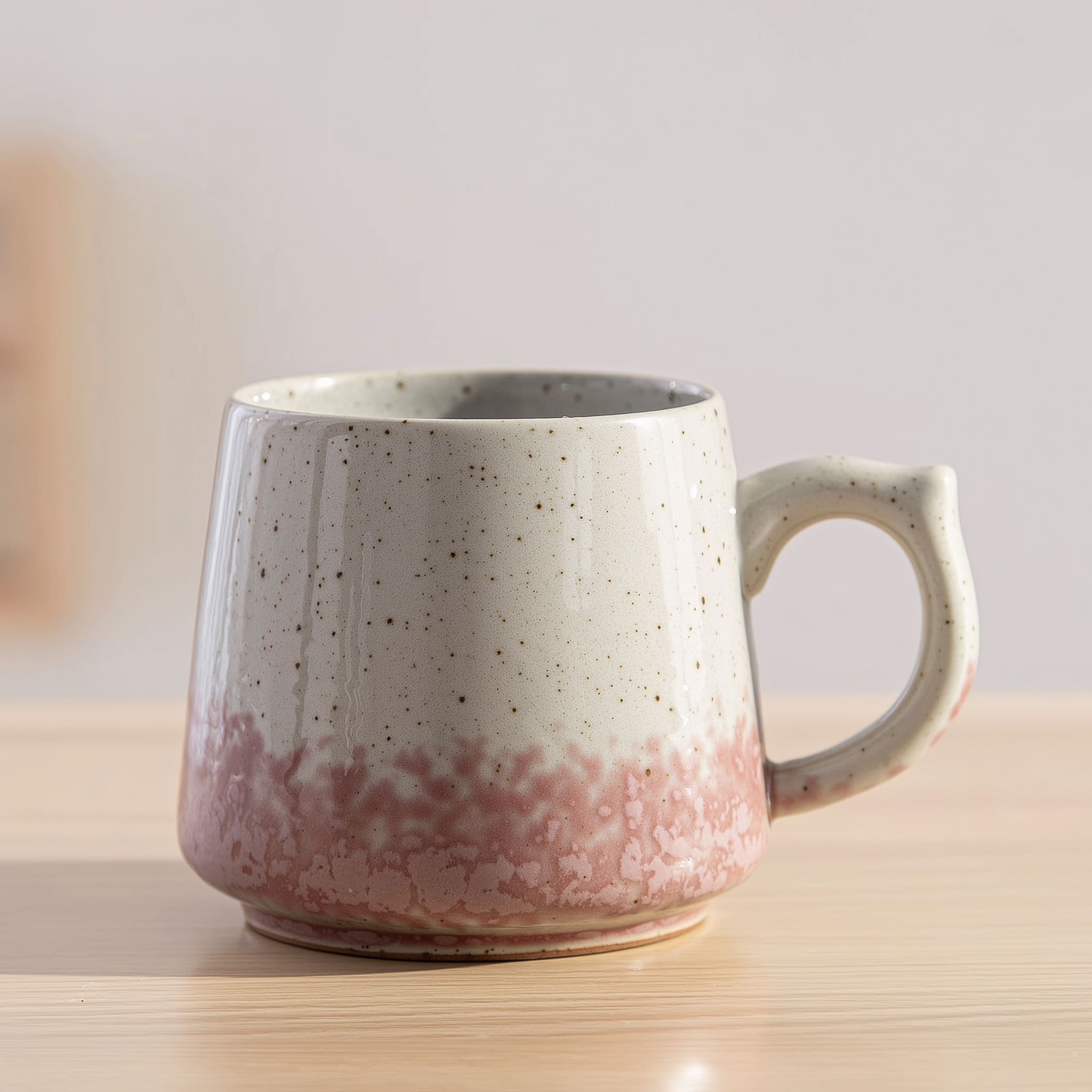 Retro ceramic mug in cherry powder rice white on wooden table