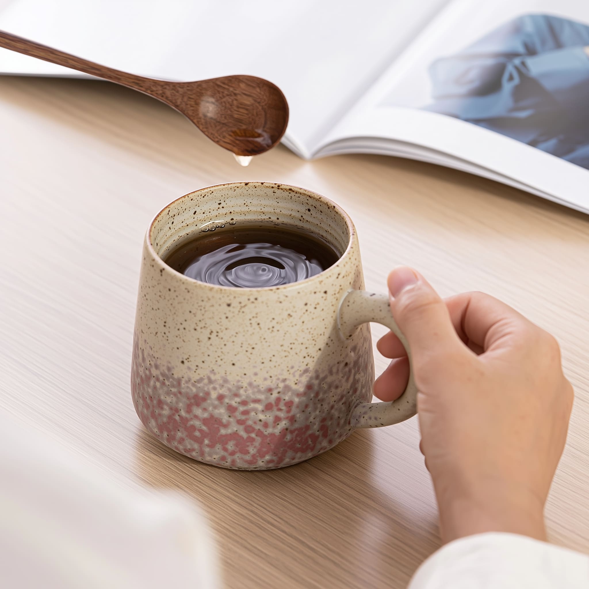 Japanese style stoneware coffee mug with speckled glaze
