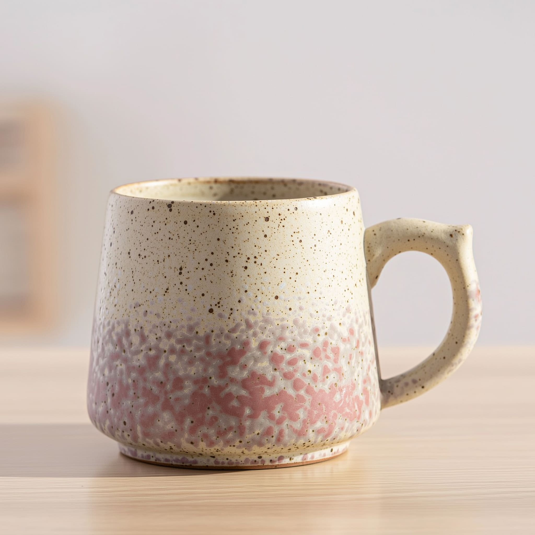 Retro ceramic mug in cherry powder light yellow on wooden table