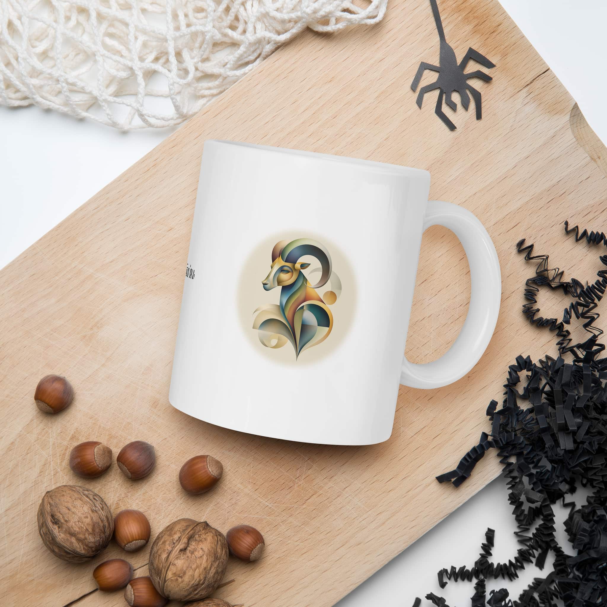A stylized ceramic mug with a bold Capricorn symbol on it. It hints at a thoughtful lifestyle choice reflecting the user's zodiac sign