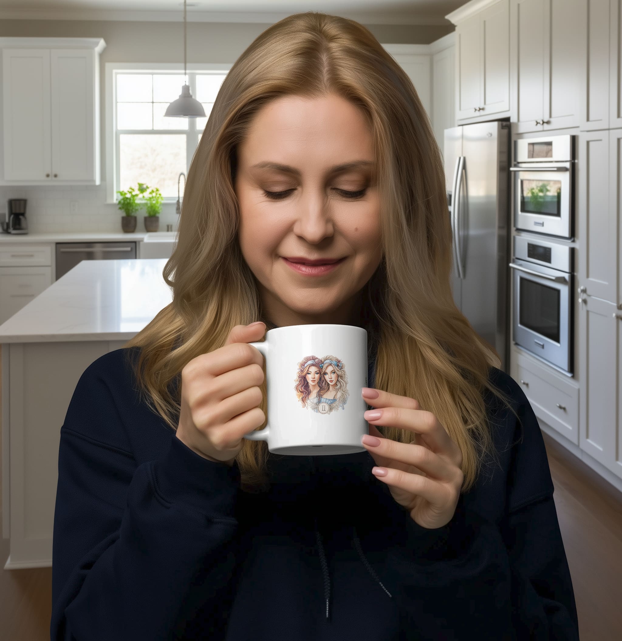 A stylized ceramic mug with a bold Gemini symbol on it. It hints at a thoughtful lifestyle choice reflecting the user's zodiac sign