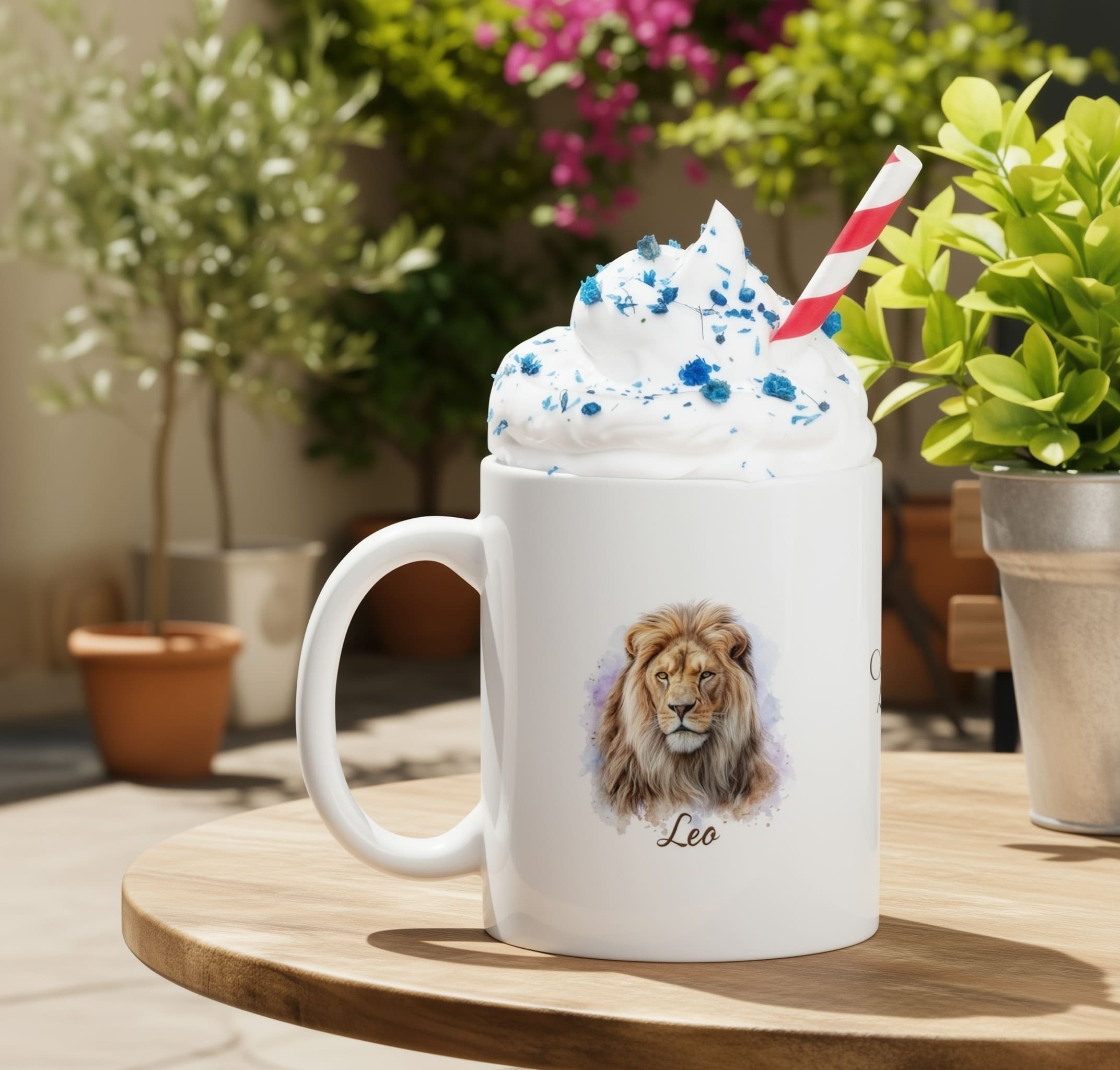 A stylized ceramic mug with a bold Leo symbol on it. It hints at a thoughtful lifestyle choice reflecting the user's zodiac sign