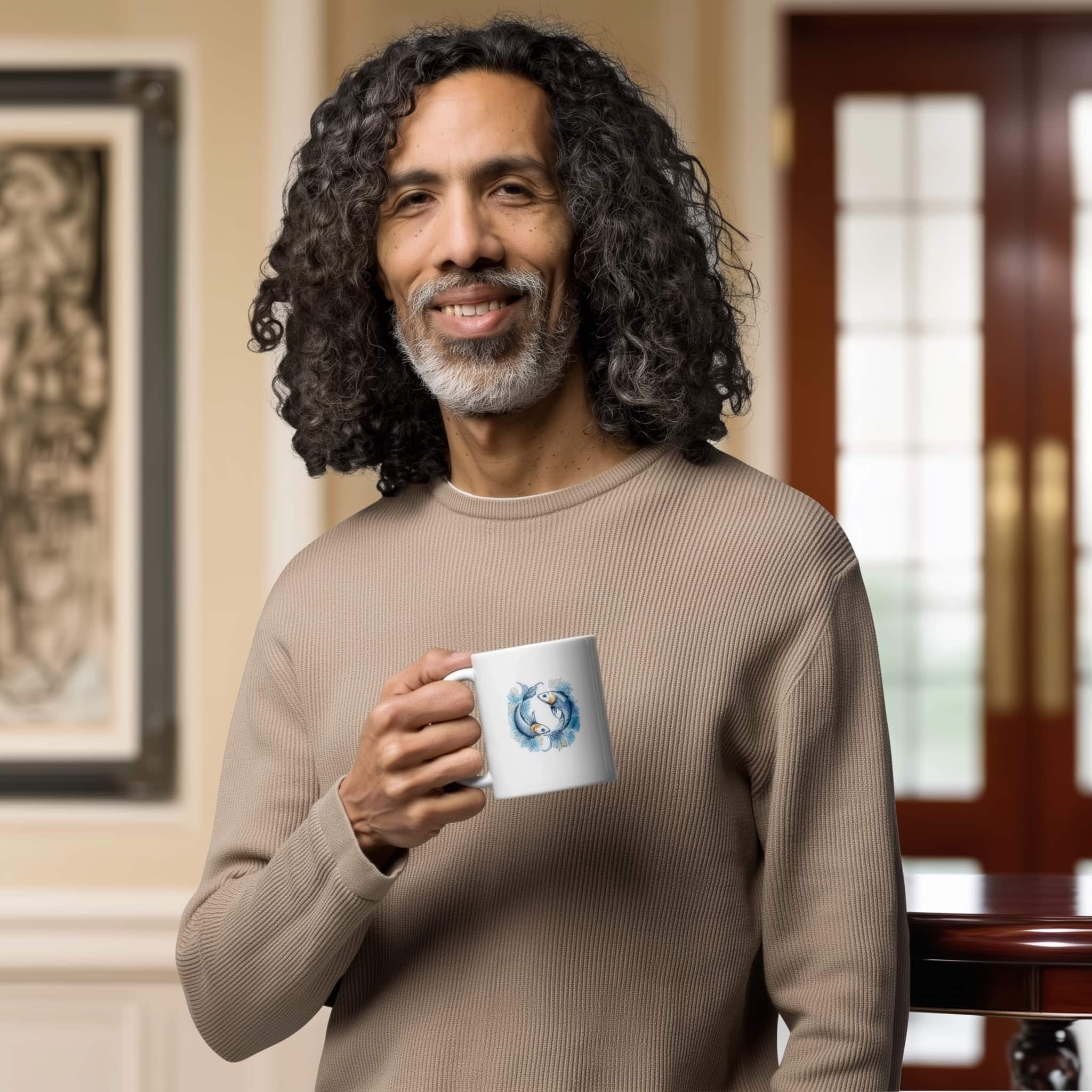 A stylized ceramic mug with a bold Pisces symbol on it. It hints at a thoughtful lifestyle choice reflecting the user's zodiac sign