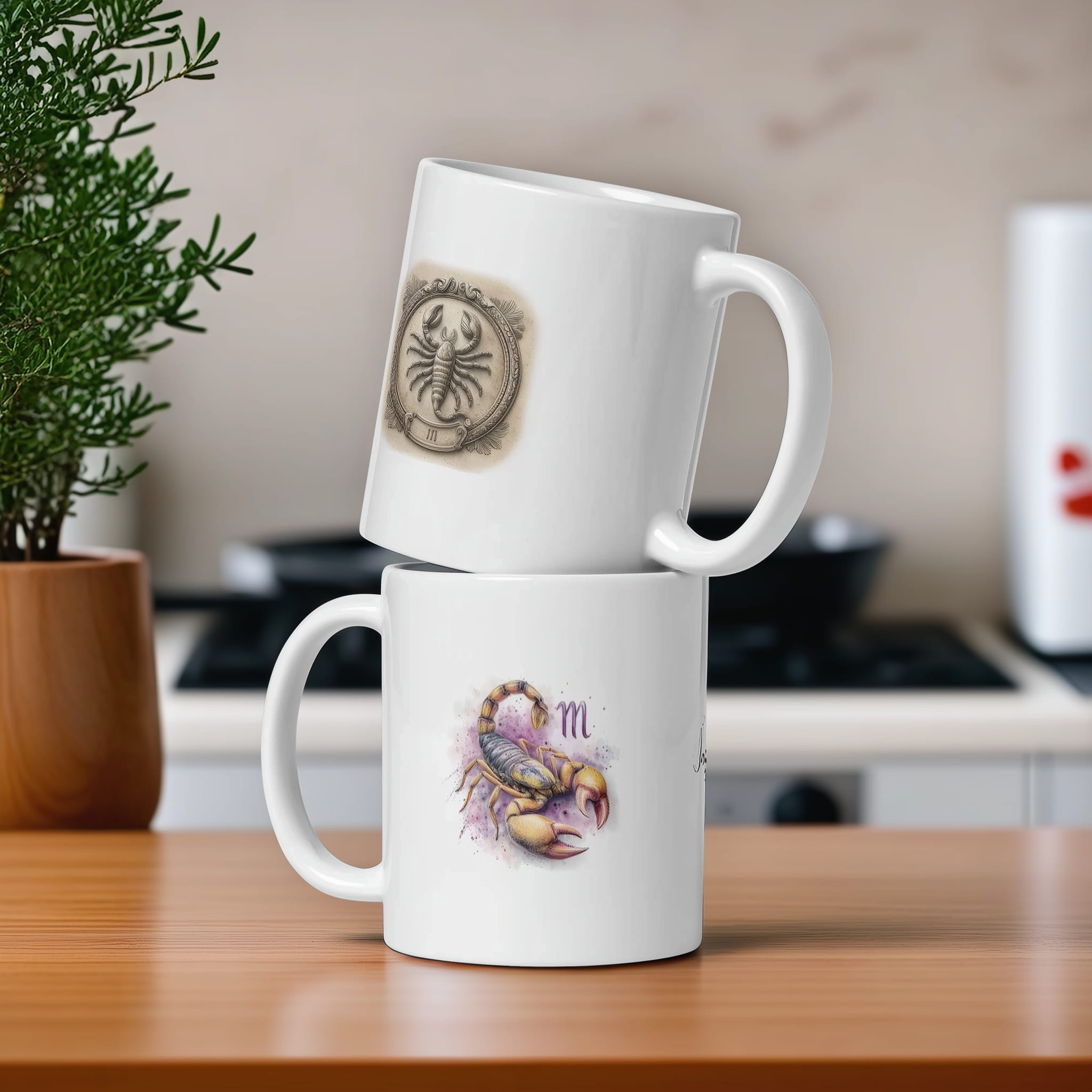 A stylized ceramic mug with a bold Scorpio symbol on it. It hints at a thoughtful lifestyle choice reflecting the user's zodiac sign
