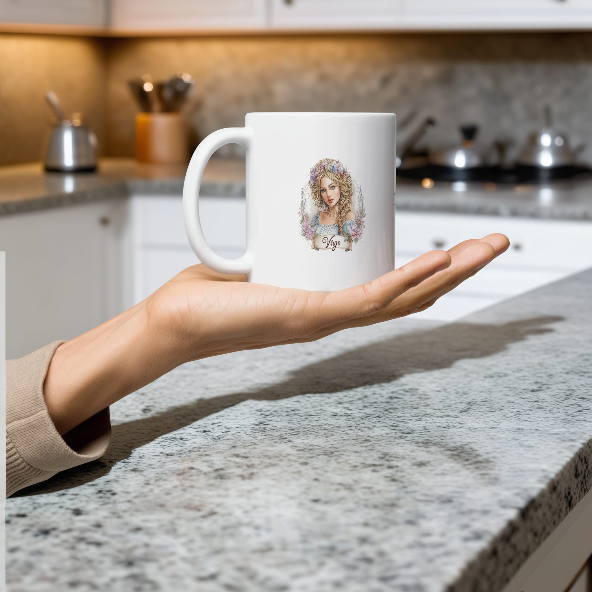A stylized ceramic mug with a bold Virgo symbol on it. It hints at a thoughtful lifestyle choice reflecting the user's zodiac sign