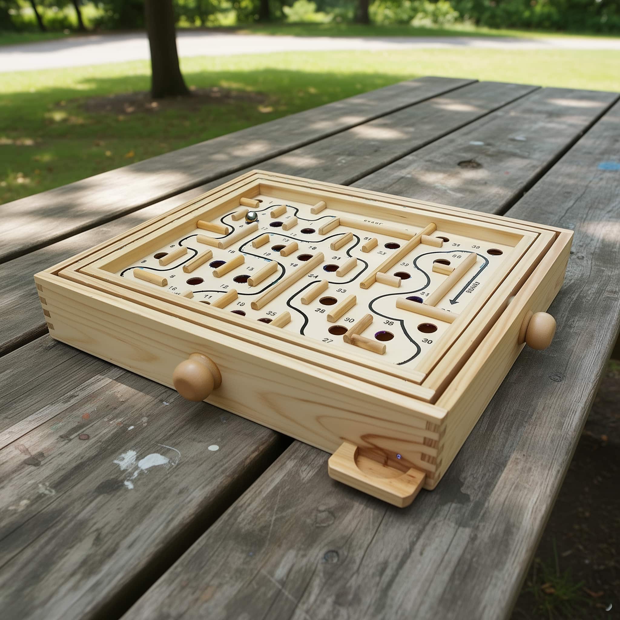 Family playing oversized wooden pinball maze game
