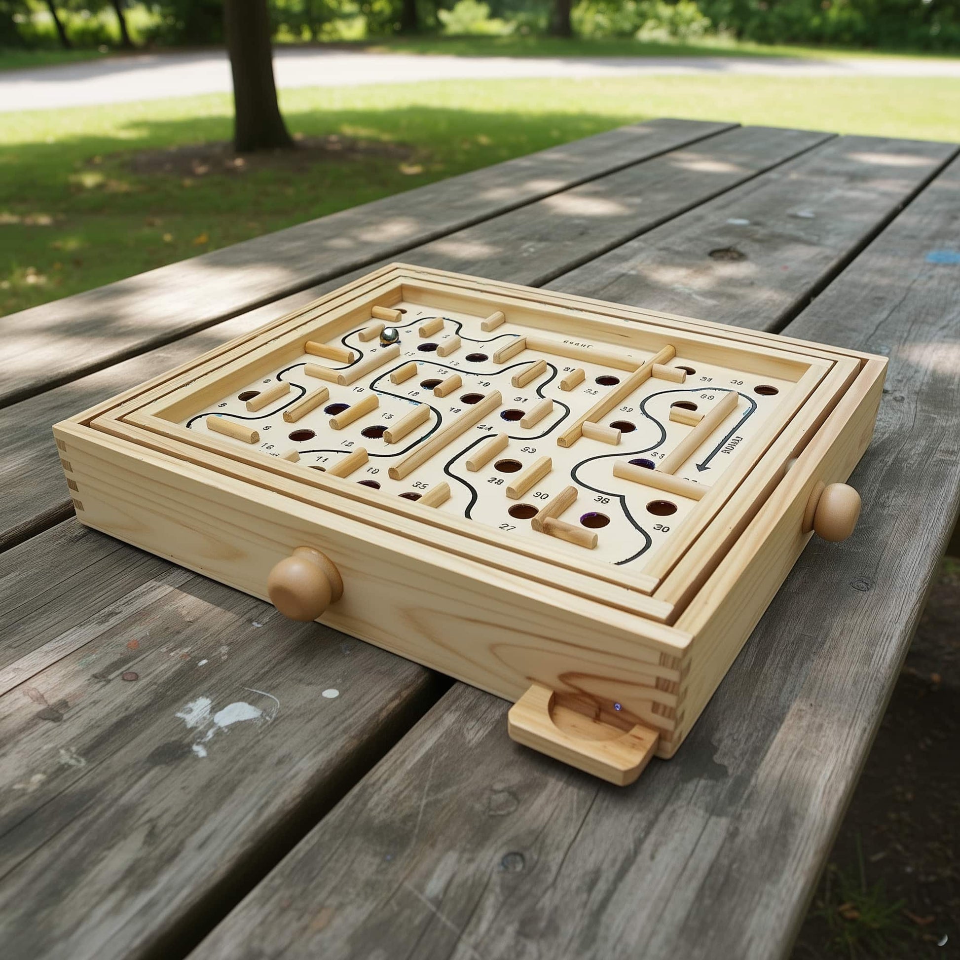 Family playing oversized wooden pinball maze game