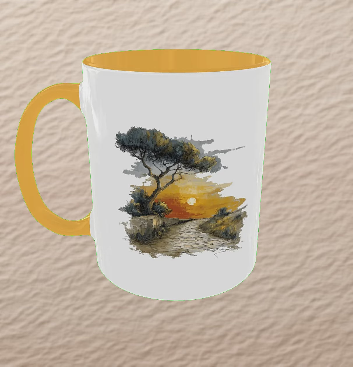 Rotating white ceramic mug with Roman countryside sunset, against a soft beige background with gentle concentric waves. Variant with golden yellow rim and handle
