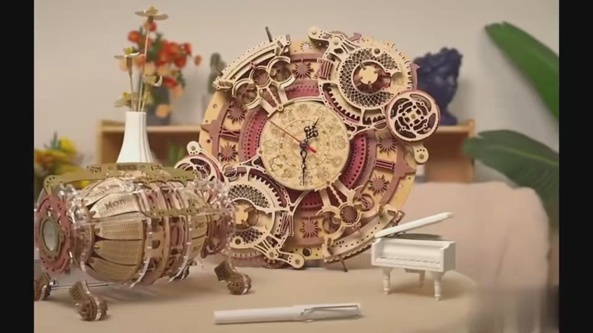 Assembled zodiac constellation wooden clock with gears video