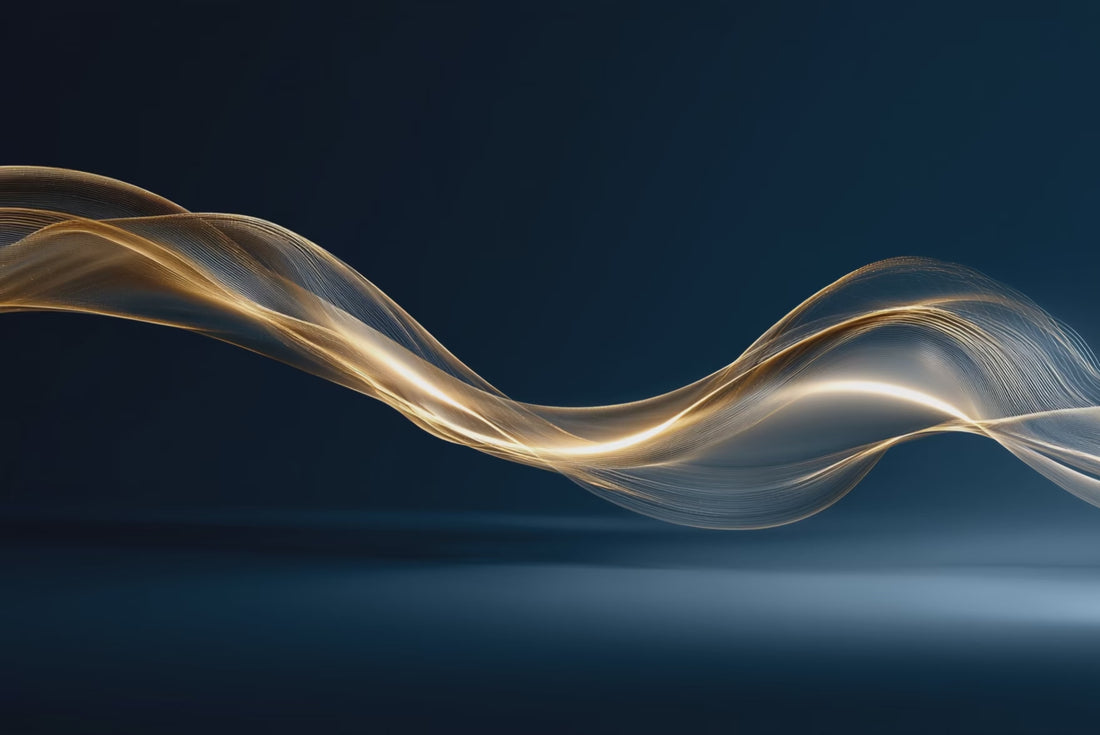 golden light spheres moving along flowing waves on deep blue background, elegant fine art video, poetic motion of light and creation