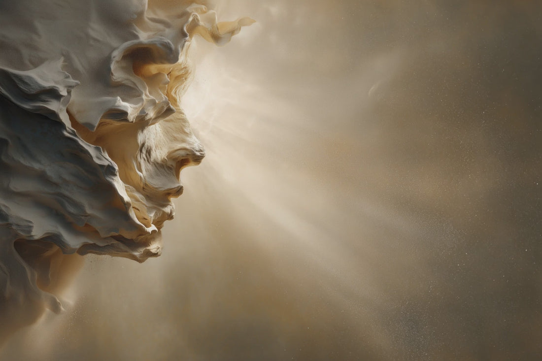 abstract sculptural face illuminated by golden light emerging from darkness, fine art concept, soft dust particles, harmony of creation