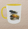 Rotating white ceramic mug with Roman countryside sunset, against a soft beige background with gentle concentric waves. Variant with yellow rim and handle
