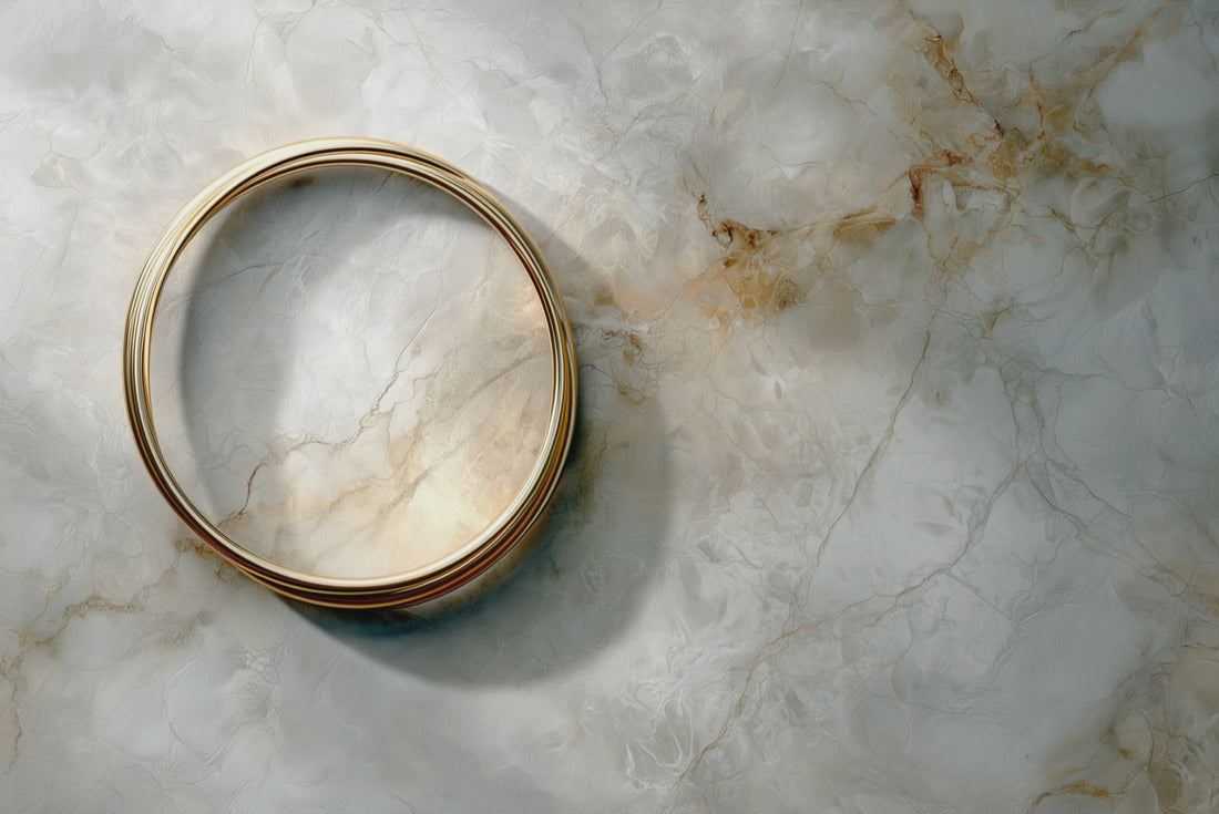 golden ring illuminated by soft light on marble background, minimal fine art video loop, symbol of harmony and eternity