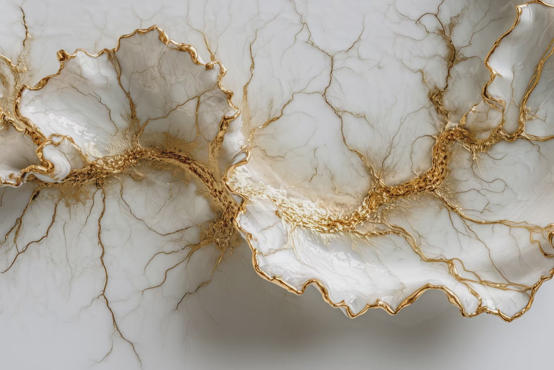 macro fine art video of white porcelain with flowing golden veins, elegant ceramic texture in motion, poetic harmony of light and form