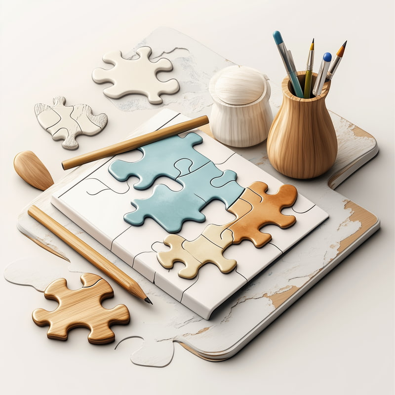 Recreation collection with artistic jigsaw puzzles, intricate 3D wooden puzzles, and elegant coloring books.