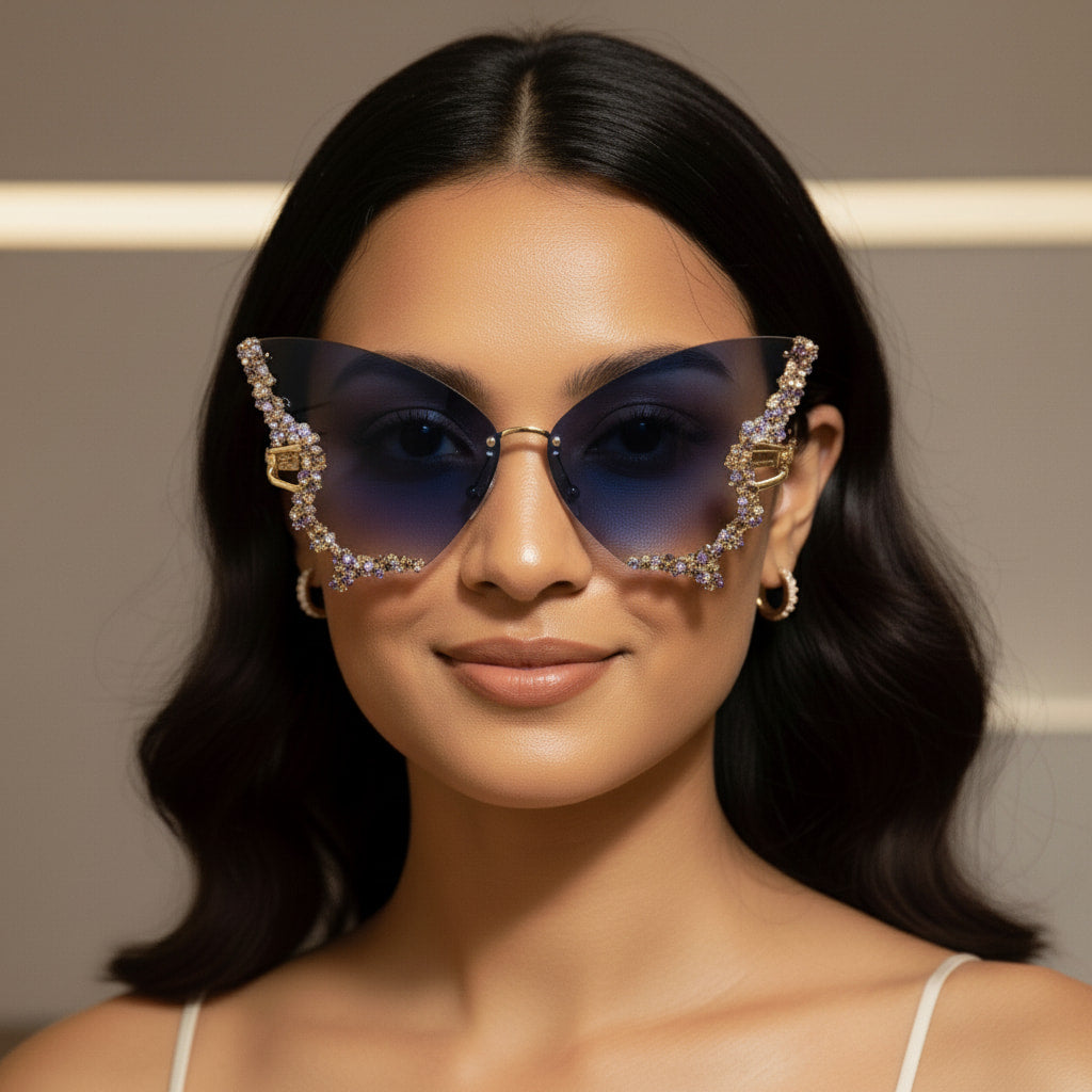 Model wearing luxury butterfly diamond sunglasses in gradient blue-grey