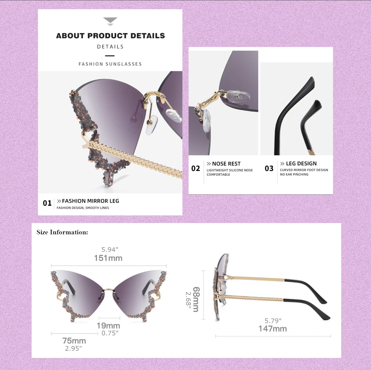 Luxury butterfly diamond sunglasses for women details and sizes