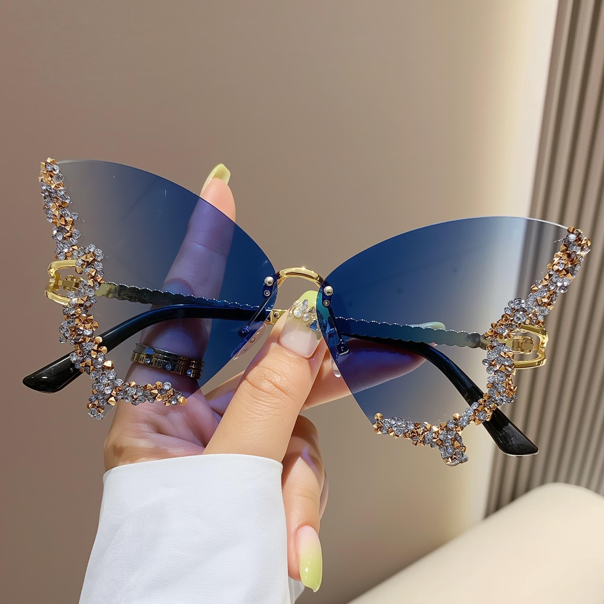 Elegant women’s diamond butterfly eyewear in gradient ice blue