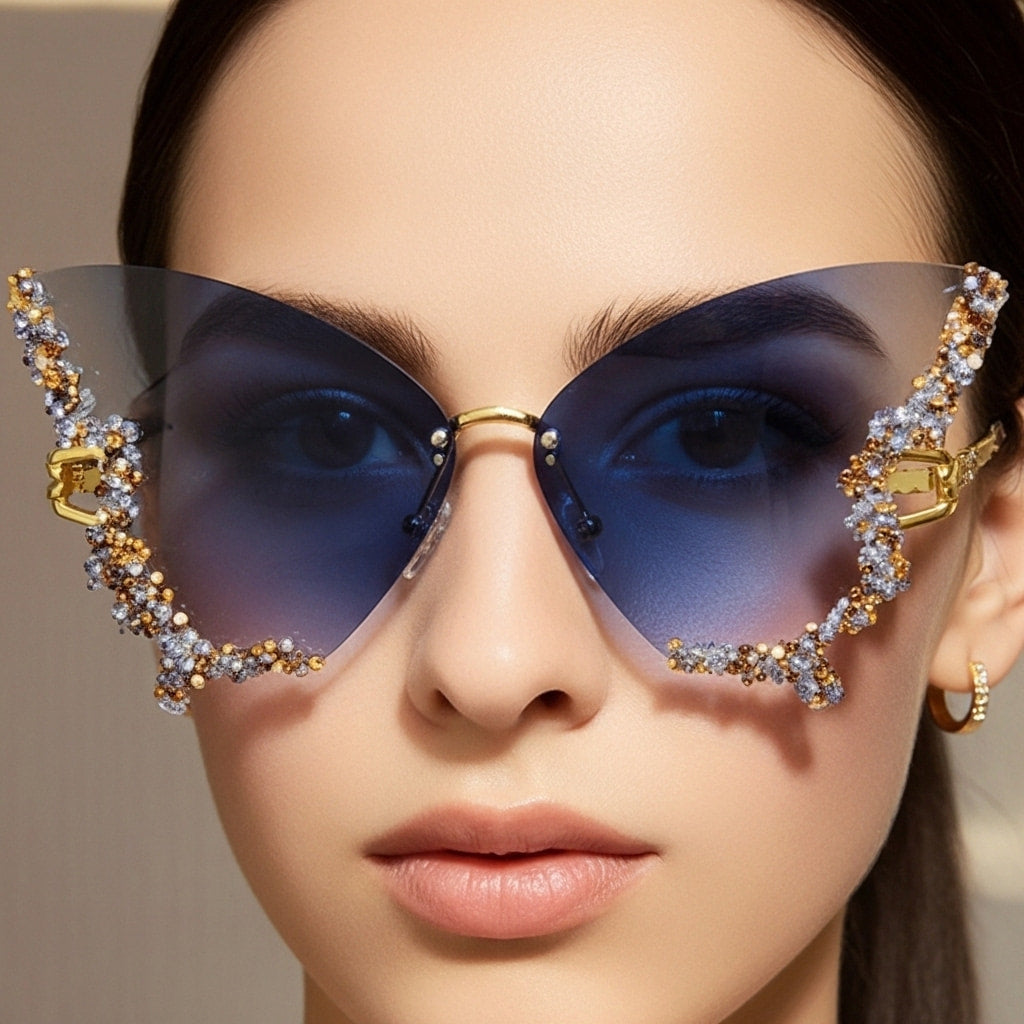 Model wearing luxury butterfly diamond sunglasses in gradient ice blue