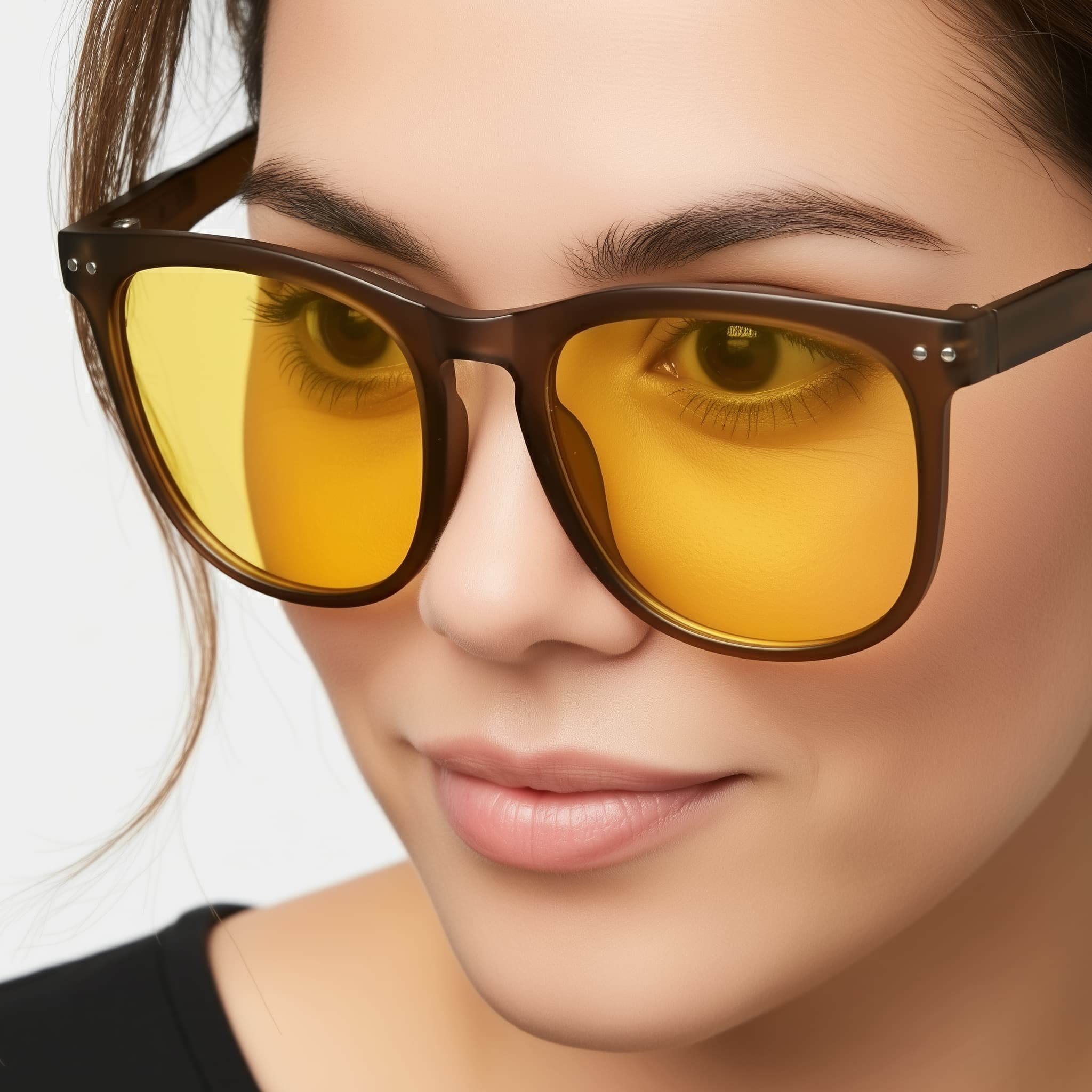 Close-up of a model wearing amber sunglasses