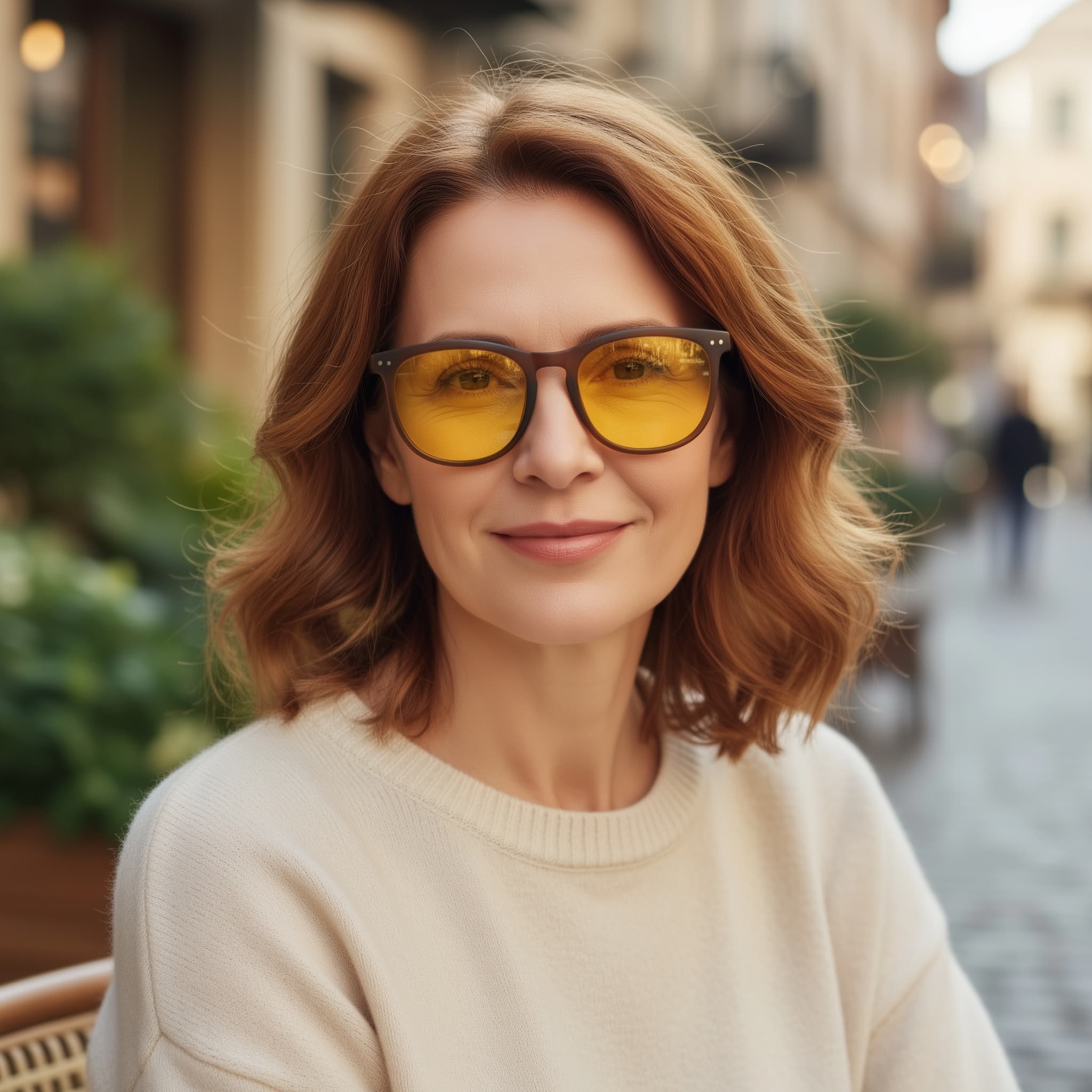 Medium close-up of a model wearing amber sunglasses