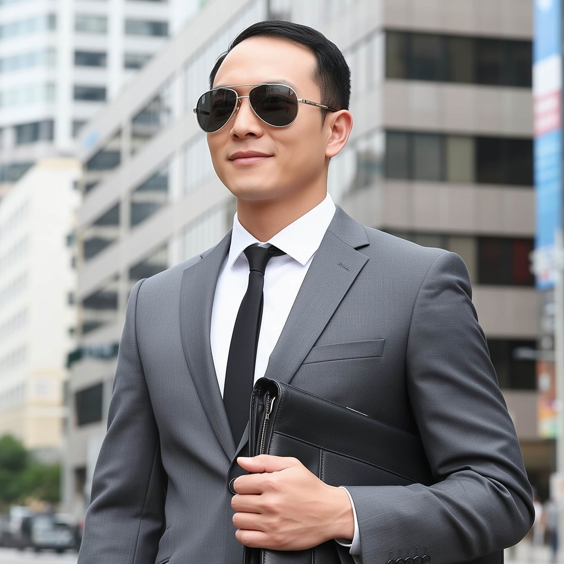 A businessman wearing polarized and anti-UV sunglasses, in the Ice-And-Ash style