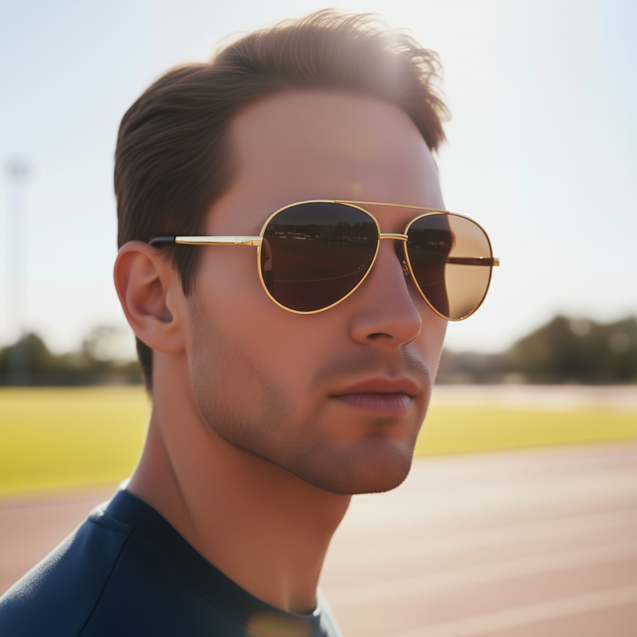 A casualman wearing polarized and anti-UV sunglasses, in the Liquid-Gold style
