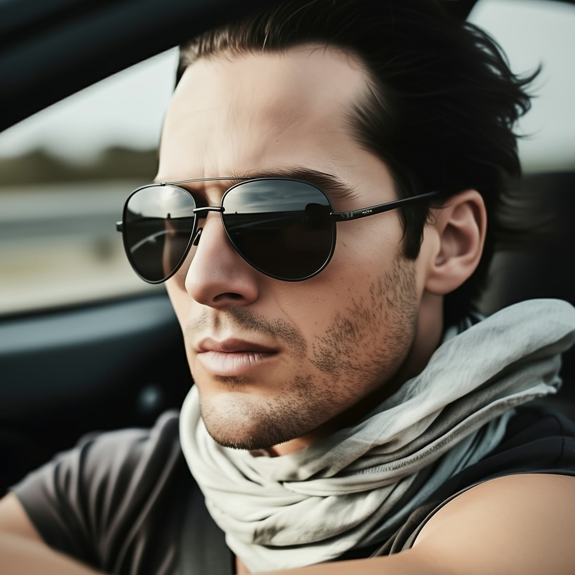 A sportsman wearing polarized and anti-UV sunglasses, in the Absolute-Black style