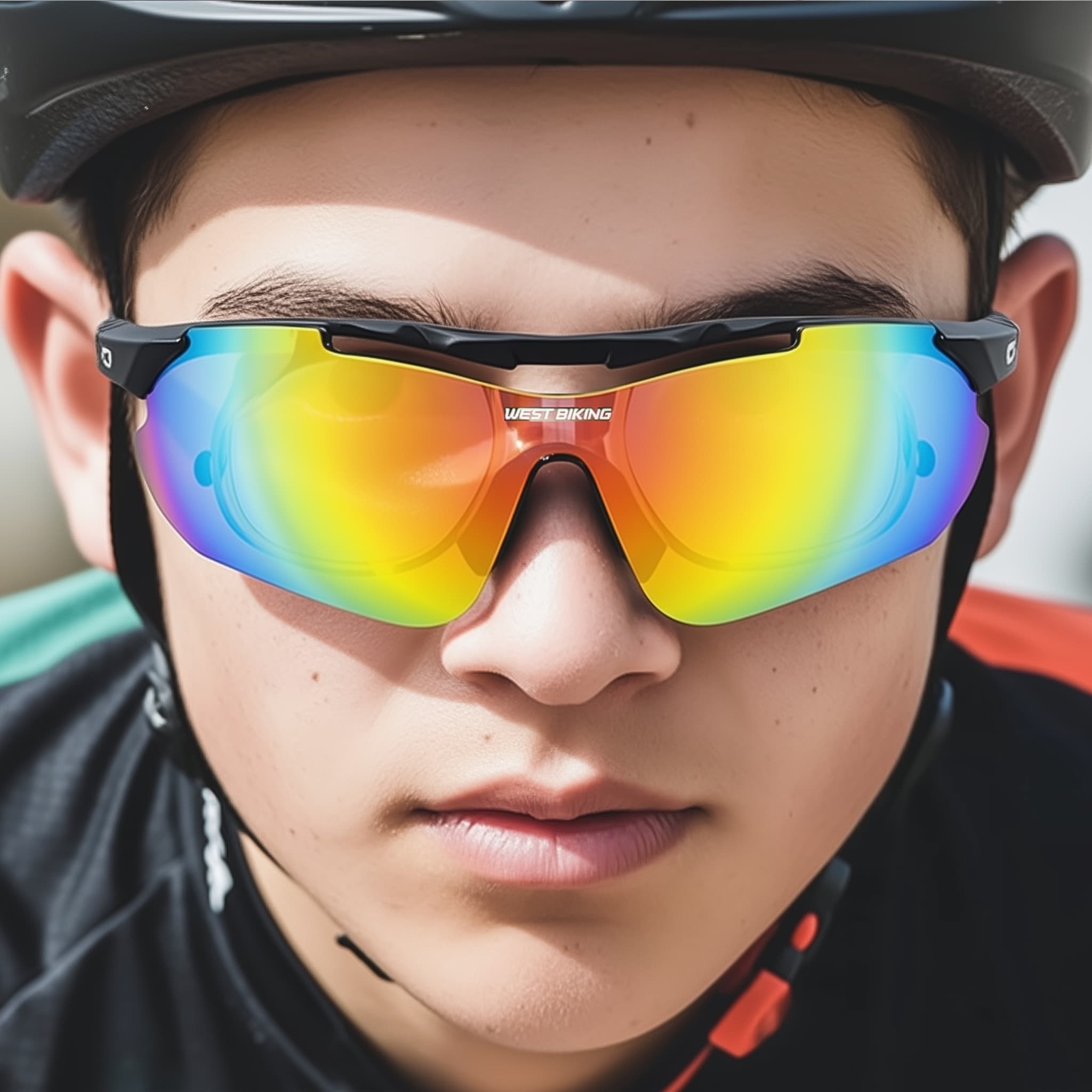 Interchangeable sports sunglasses with 5 lenses set. Model in closeup.