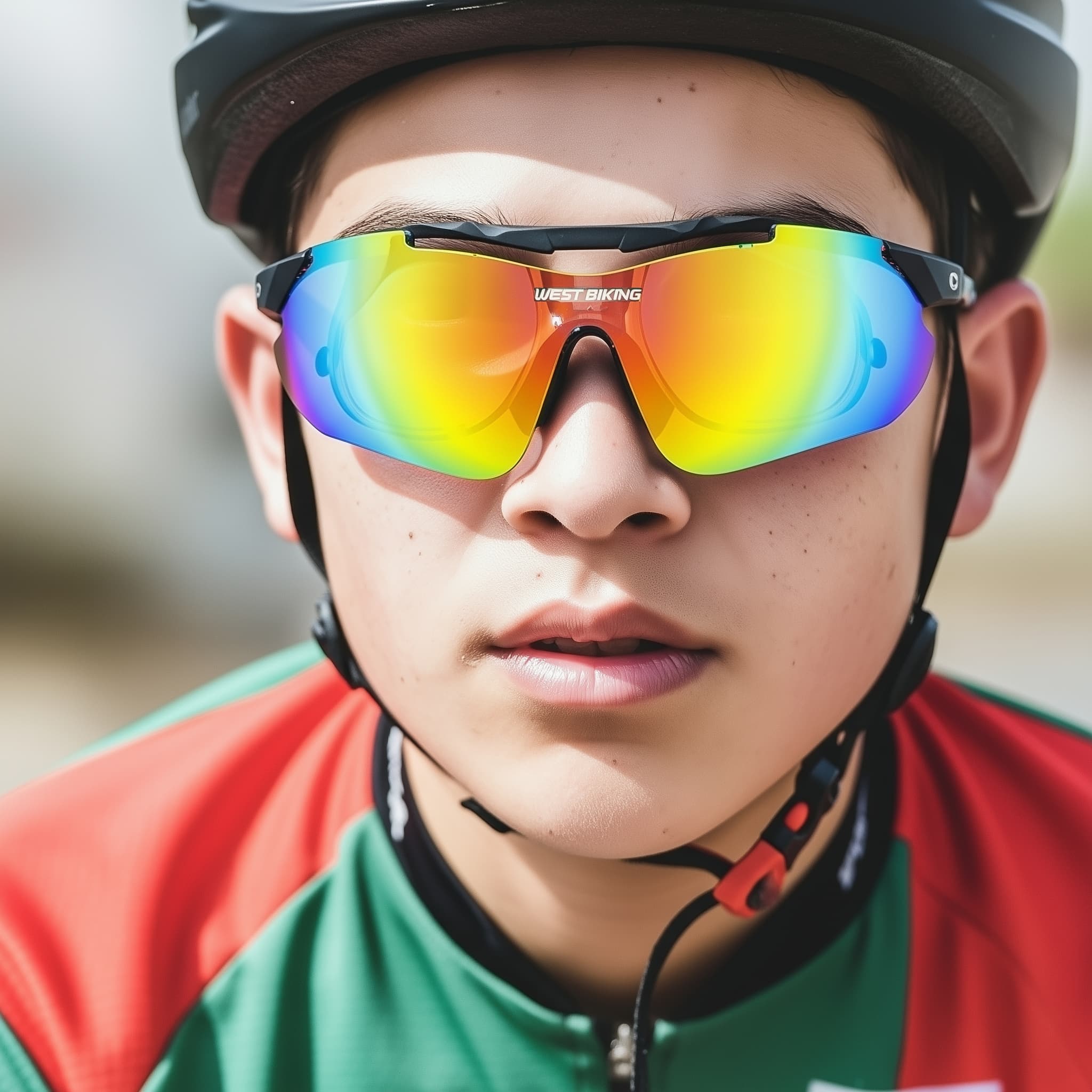 Interchangeable sports sunglasses with 5 lenses set. Model in front view.