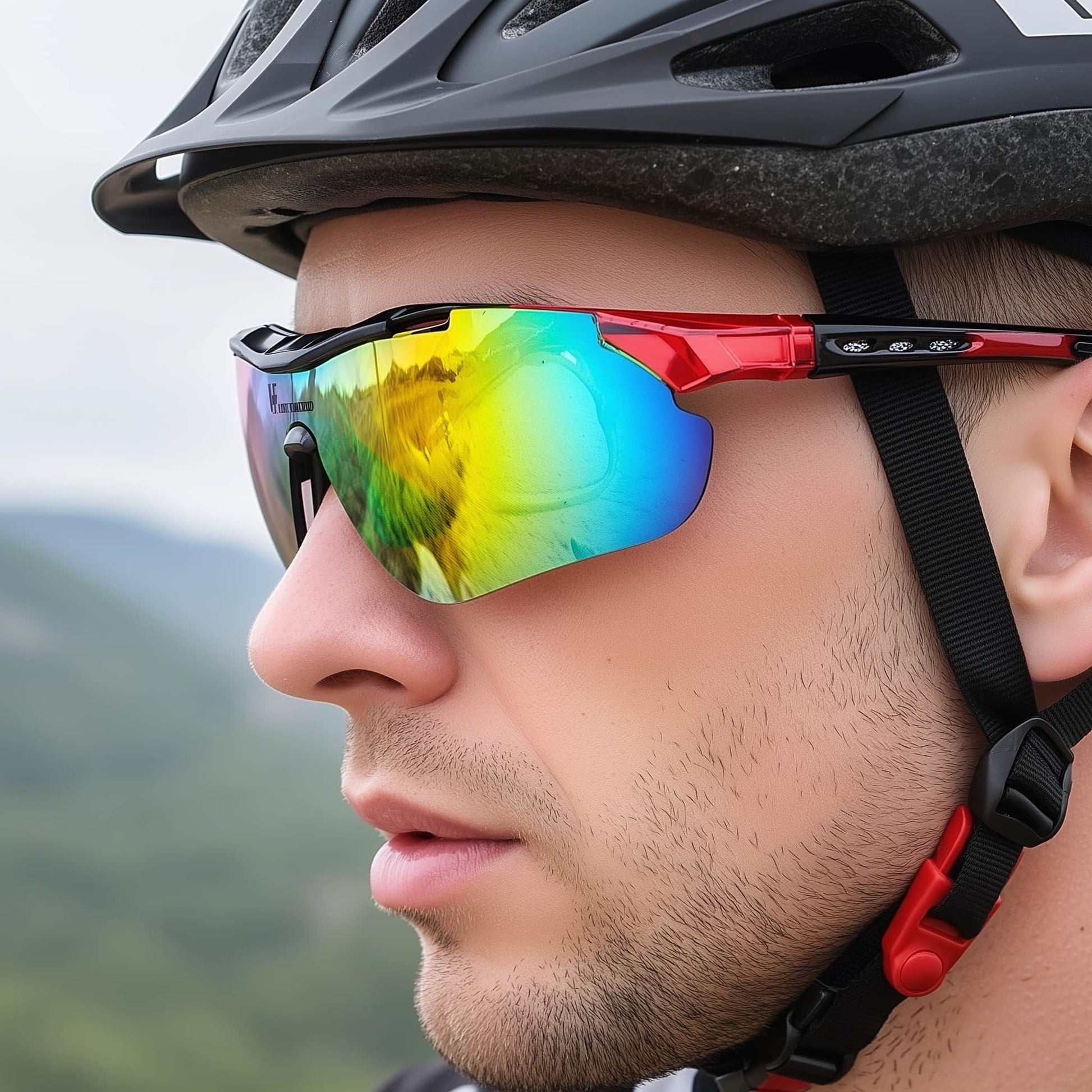 Sporty unisex cycling glasses with half-frame design. Model in left view